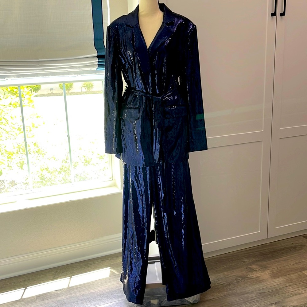 Gorgeous Navy Blue Wide Leg Stretchy Sequin Pants